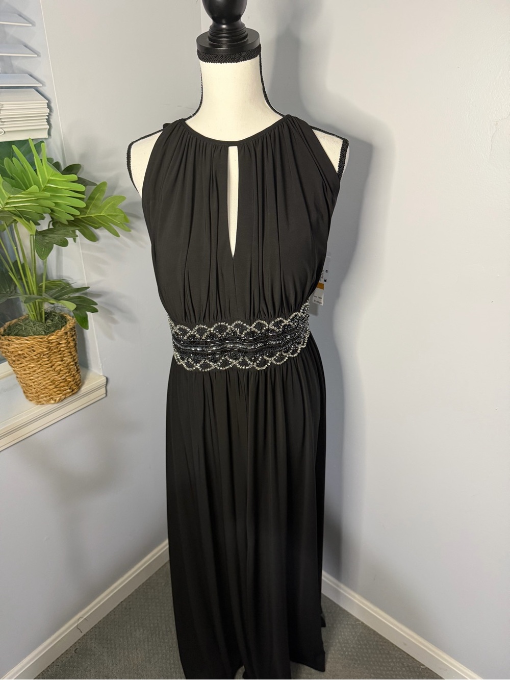 R&M Richards Black Halter Maxi Dress with Beaded Waist